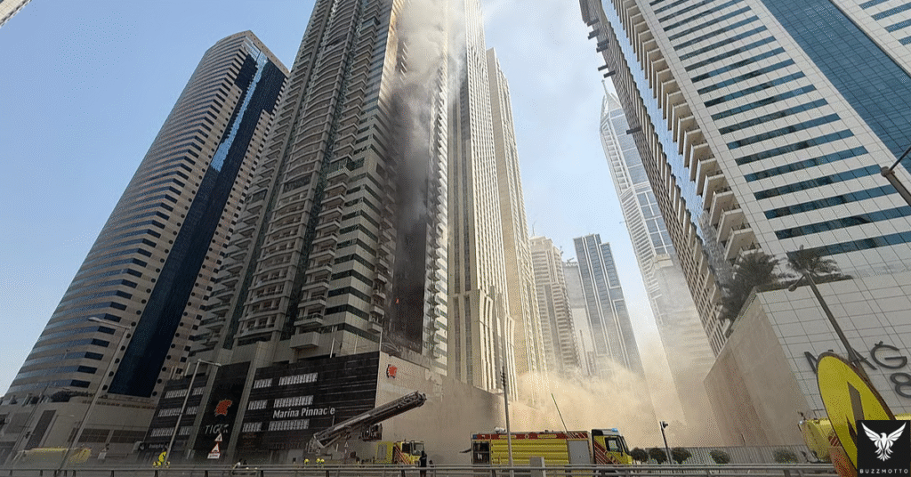 🔥 Massive Blaze Erupts in Dubai's Marina Pinnacle 3,820 Residents Safely Evacuated After 6-Hour Firefighting Operation